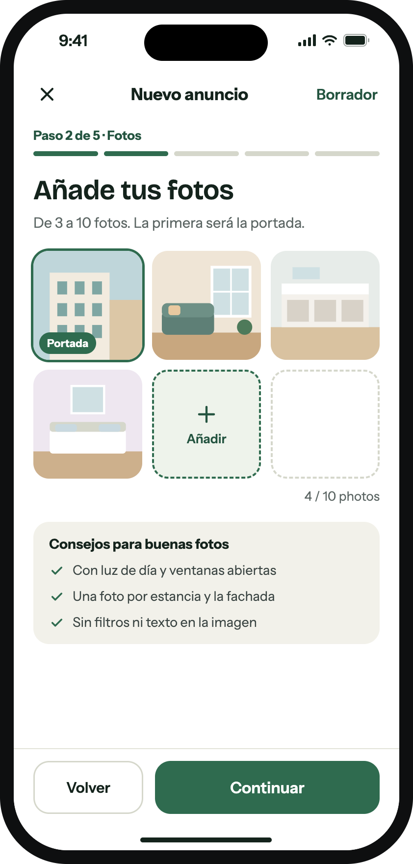 Creación de anuncio en CasaLik, paso 2 de 5: añadir de 3 a 10 fotos.