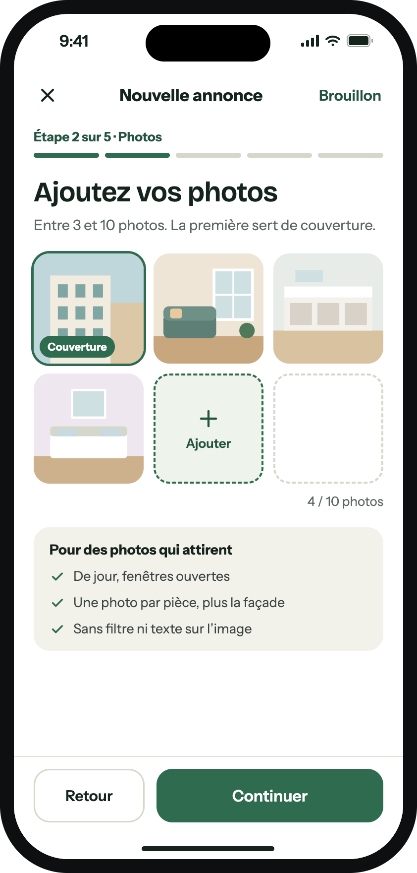 Création d’annonce CasaLik, étape 2 sur 5 : ajout de 3 à 10 photos.