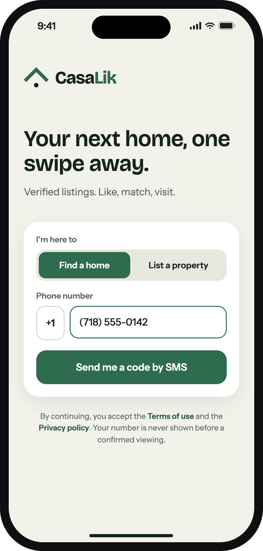 CasaLik sign-in screen on iPhone: choose to find a home or list a property, then get a code by SMS.