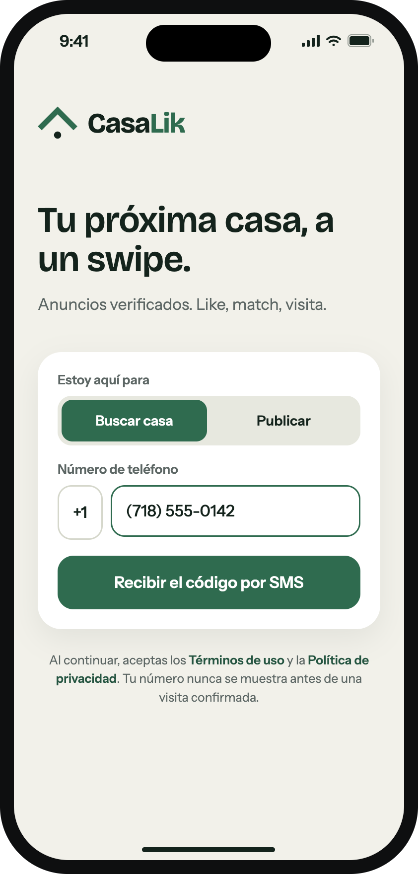 Pantalla de acceso de CasaLik en iPhone: elige buscar casa o anunciar, y recibe un código por SMS.