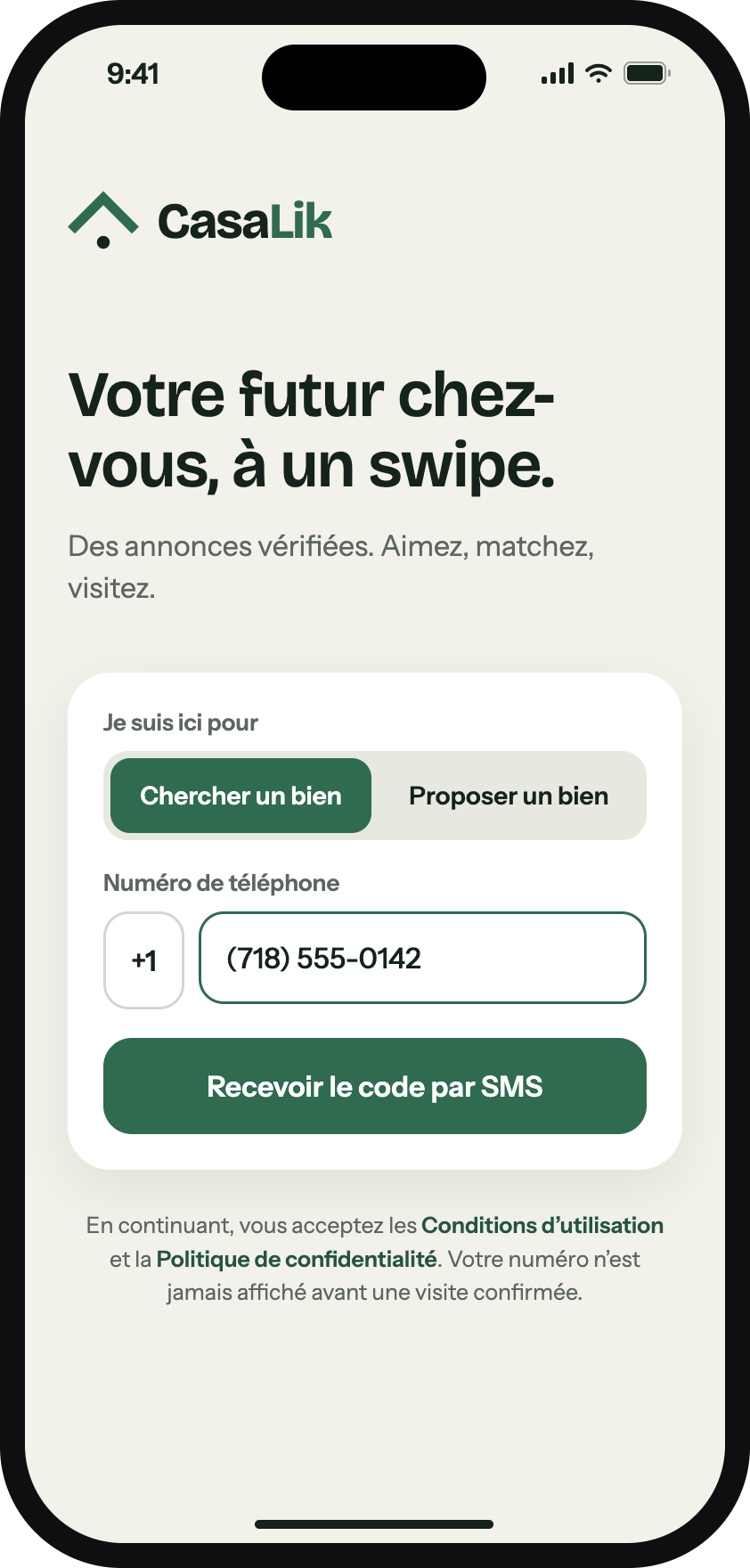 Écran de connexion CasaLik sur iPhone : choisir de chercher ou de proposer un bien, puis recevoir un code par SMS.